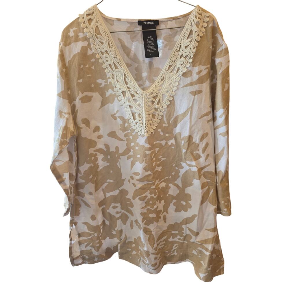 Premise Lagen Look Top M Womens Linen Blend Long Sleeve Lace Detail Cottage Core